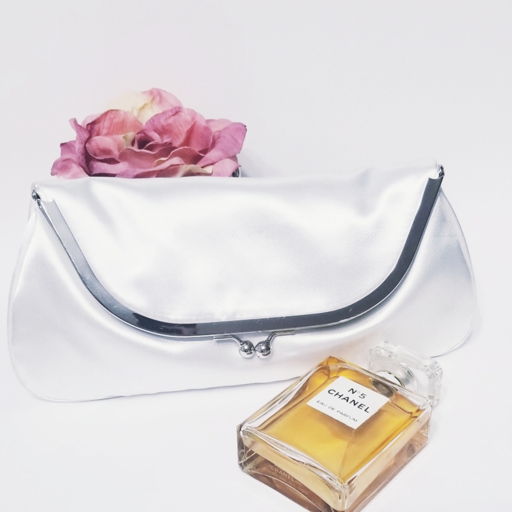 Gray Satin Clutch with Silver Chain by Excel